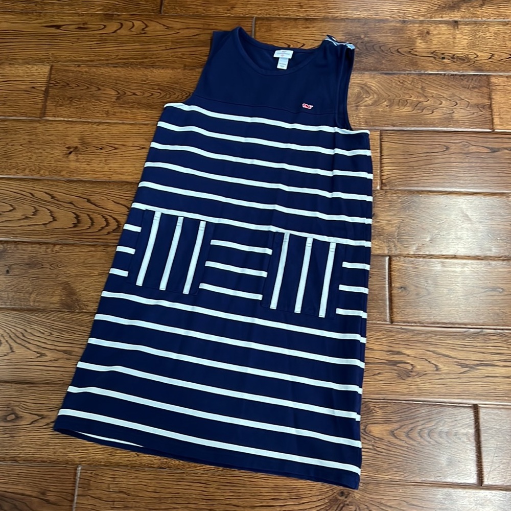 Vineyard Vines girls navy white stripe red whale dress like new Sz XL 14-16